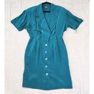 NWT Vintage 100% Silk Teal Parisian Room Dress Sz 14 Lined w/ Shoulder Pads